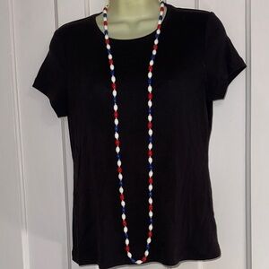 Vintage Mid Century Red,‎ White & Blue Long Oblong Bead Necklace